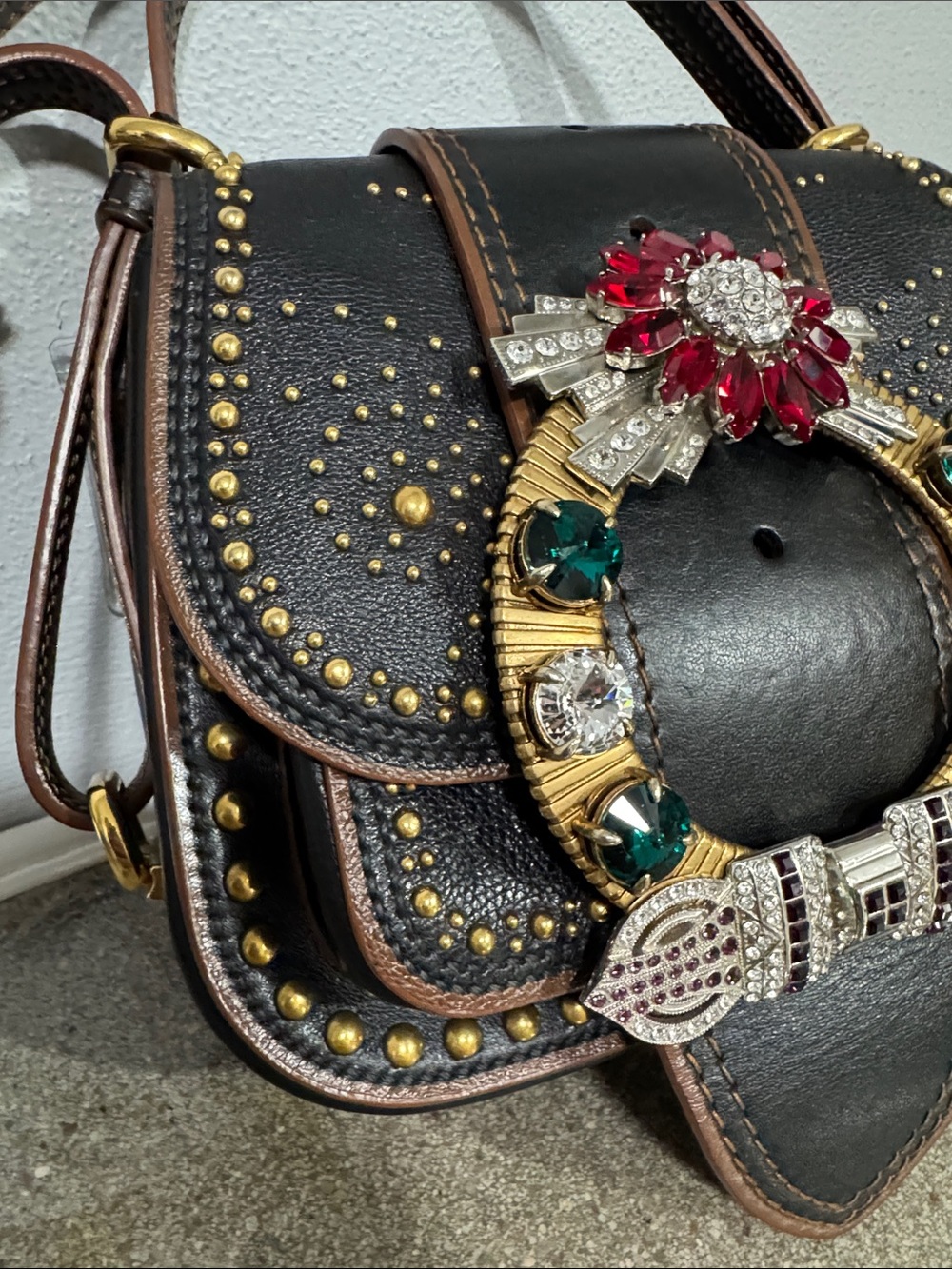 Miu Miu Rare Dahlia Madras Crystal Stud Crossbody/Shoulder Bag – Black Leather - Picture 3 of 16